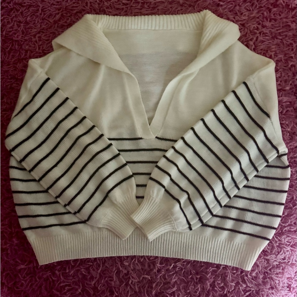 Stripped Fold Over Collar VNeck Sweater
